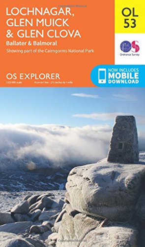 Ordnance Survey map cover for Lochnagar, Glen Muick, and Glen Clova with mountain scenery.