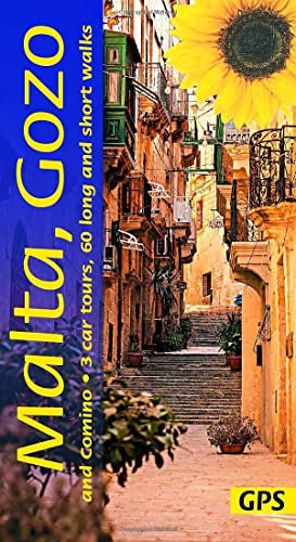 Book cover: Malta, Gozo, Comino walking guide with sunflower and street scene.