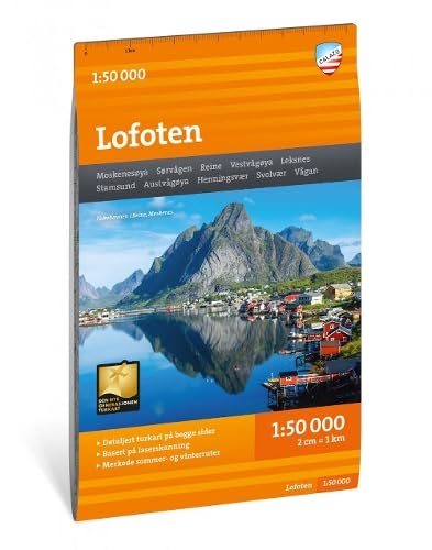Orange-bordered map cover featuring a scenic mountain landscape reflecting in Lofoten coastal waters.