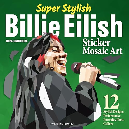 Mosaic portrait of Billie Eilish singing into a microphone on a green cover.