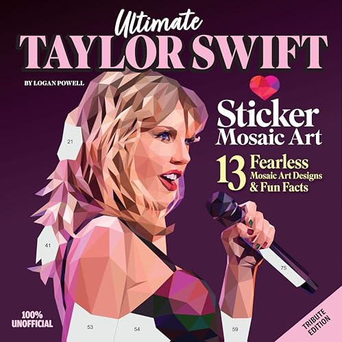 Mosaic portrait of Taylor Swift holding a microphone, sticker art book cover.