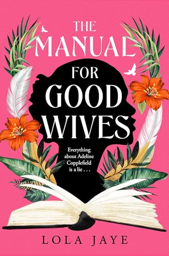 Book cover with pink background, black silhouette, open book, tropical leaves, and orange flowers.