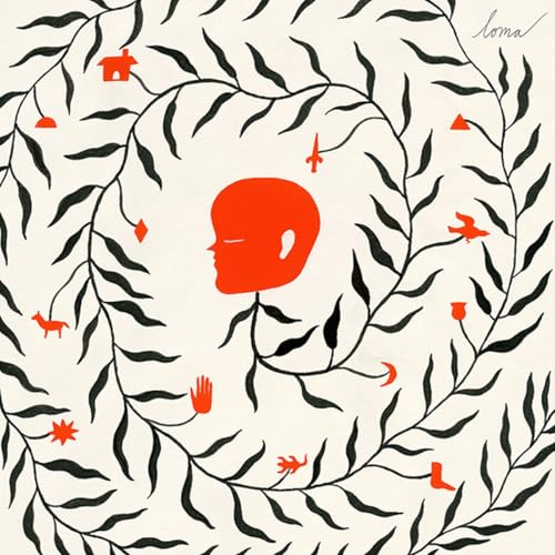 Red silhouette of a head surrounded by black foliage and small icons.