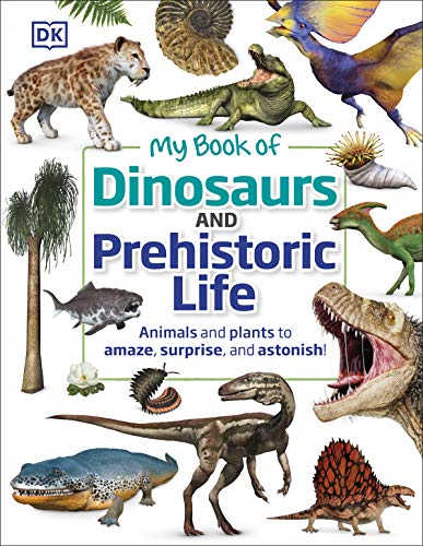 Book cover featuring illustrations of dinosaurs, prehistoric animals, and plants.