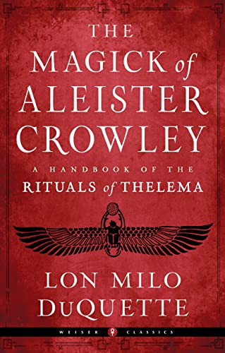 Red book cover with gold text and a winged scarab image.