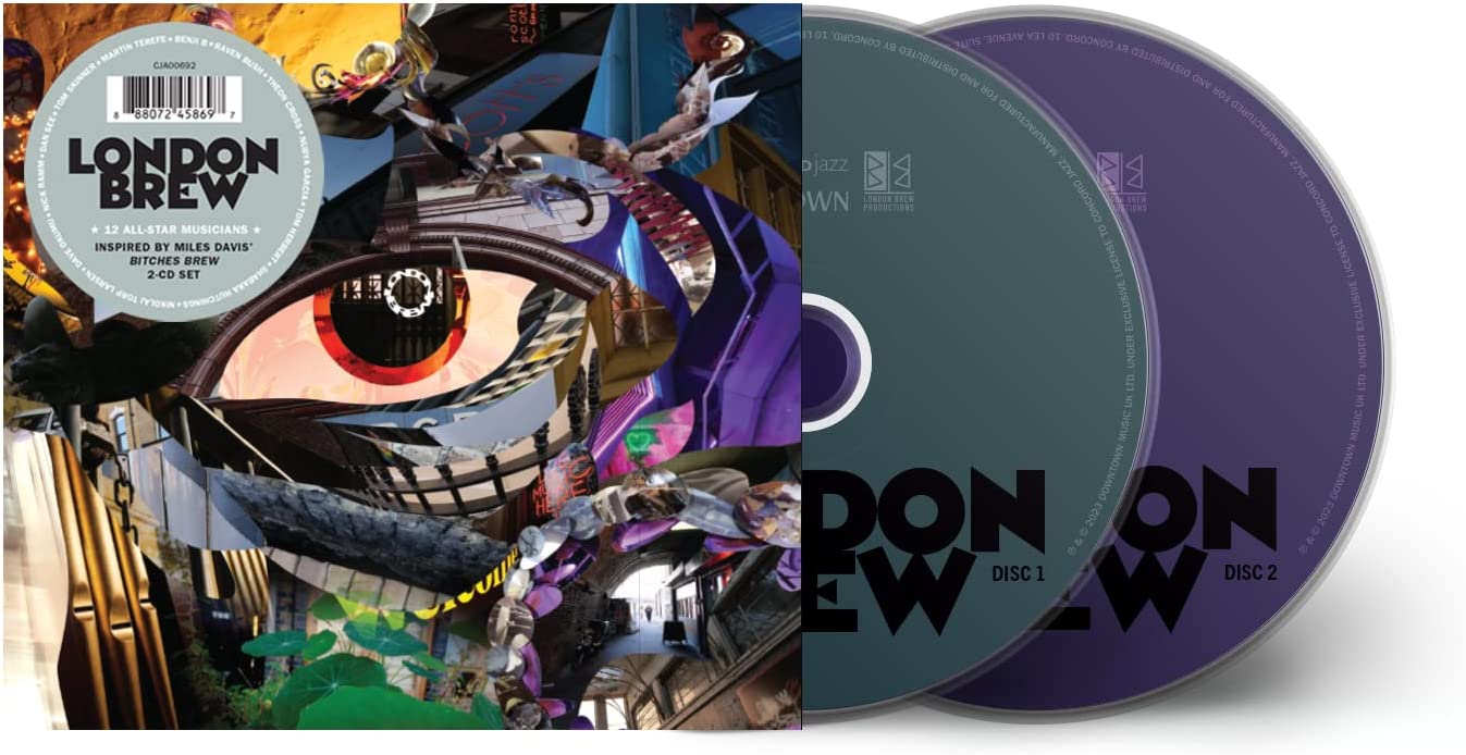 CD packaging for “London Brew” featuring abstract eye and musical imagery.