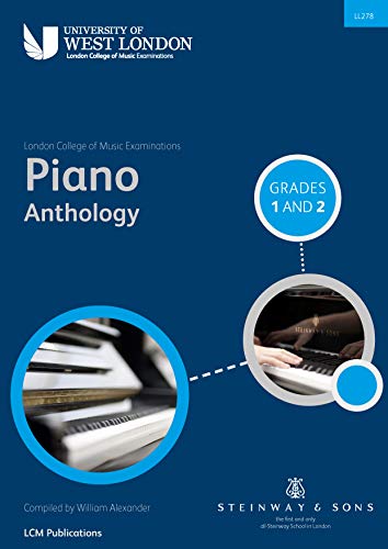 Blue piano anthology cover with keyboard images, titled “Piano Grades 1 and 2”.