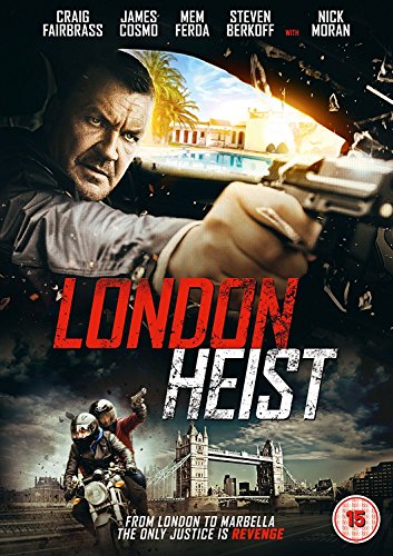 DVD cover of "London Heist" featuring armed man, motorcyclists, and cityscape.