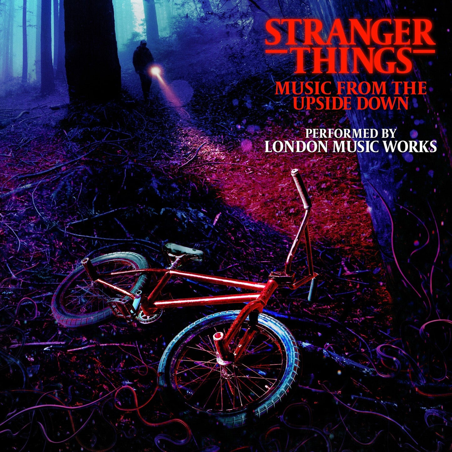 Stranger Things" soundtrack CD cover with a bicycle in a dark, eerie forest.