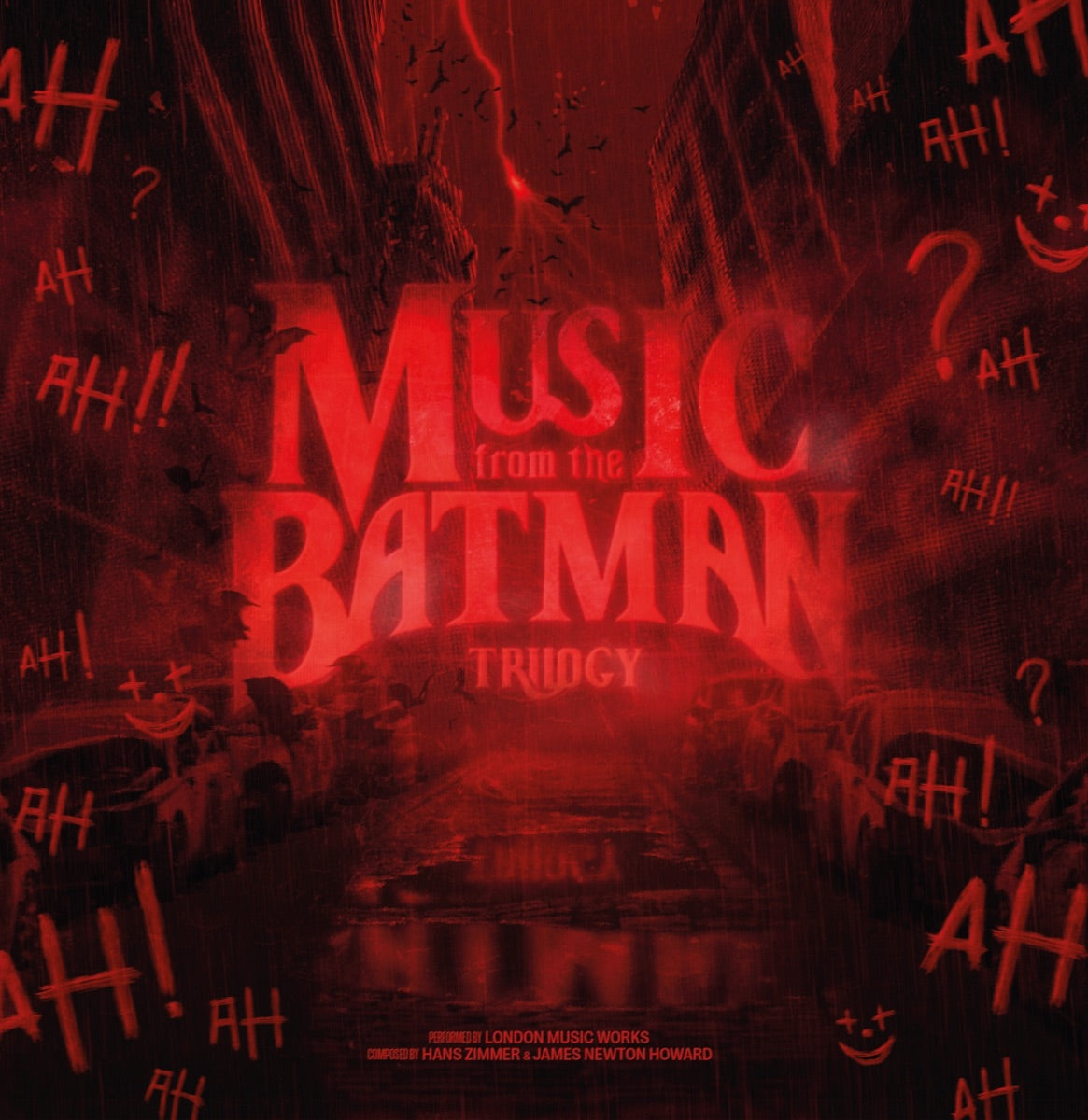 Vinyl cover with red text Music from the Batman Trilogy over a dark city.