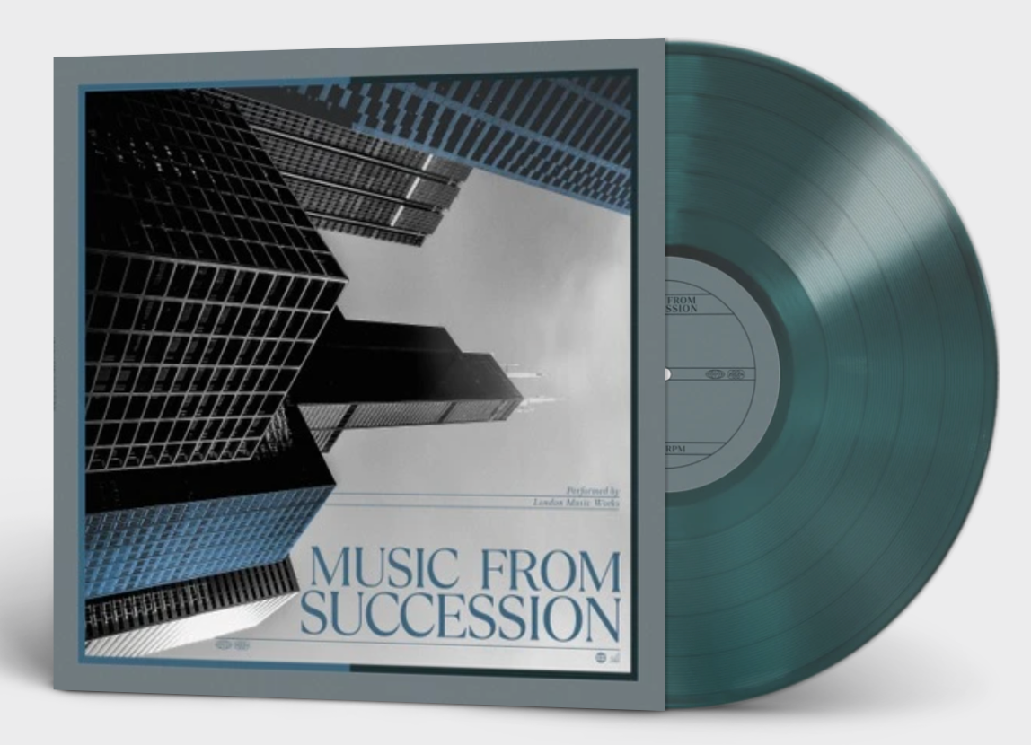 “Succession” soundtrack vinyl record with skyscraper album art.