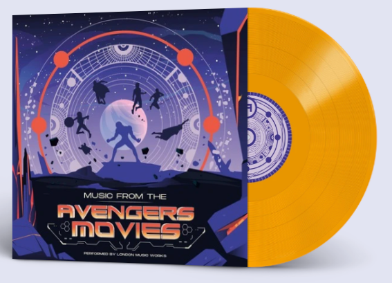 Avengers movie soundtrack vinyl record with orange disc and purple cover.