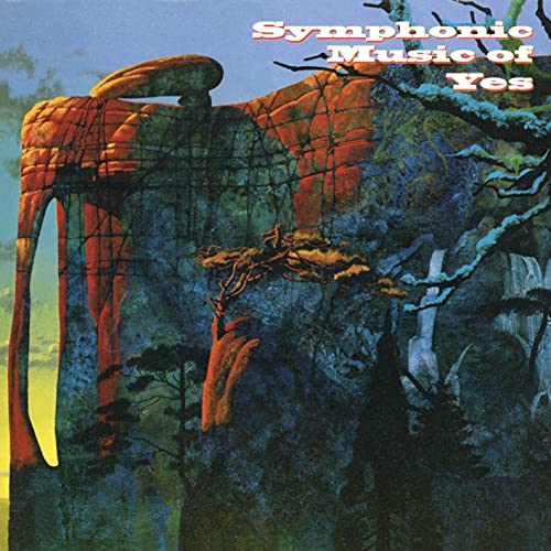 Surreal landscape painting with a large rock formation, trees, and text Symphonic Music of Yes.