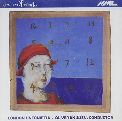 Abstract artwork with numbered blue background and a person in a red hat.