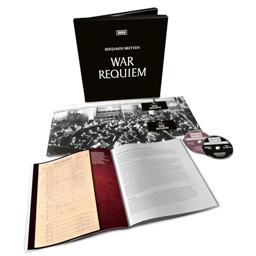 Britten's War Requiem CD package with booklet, score, and orchestra photo.