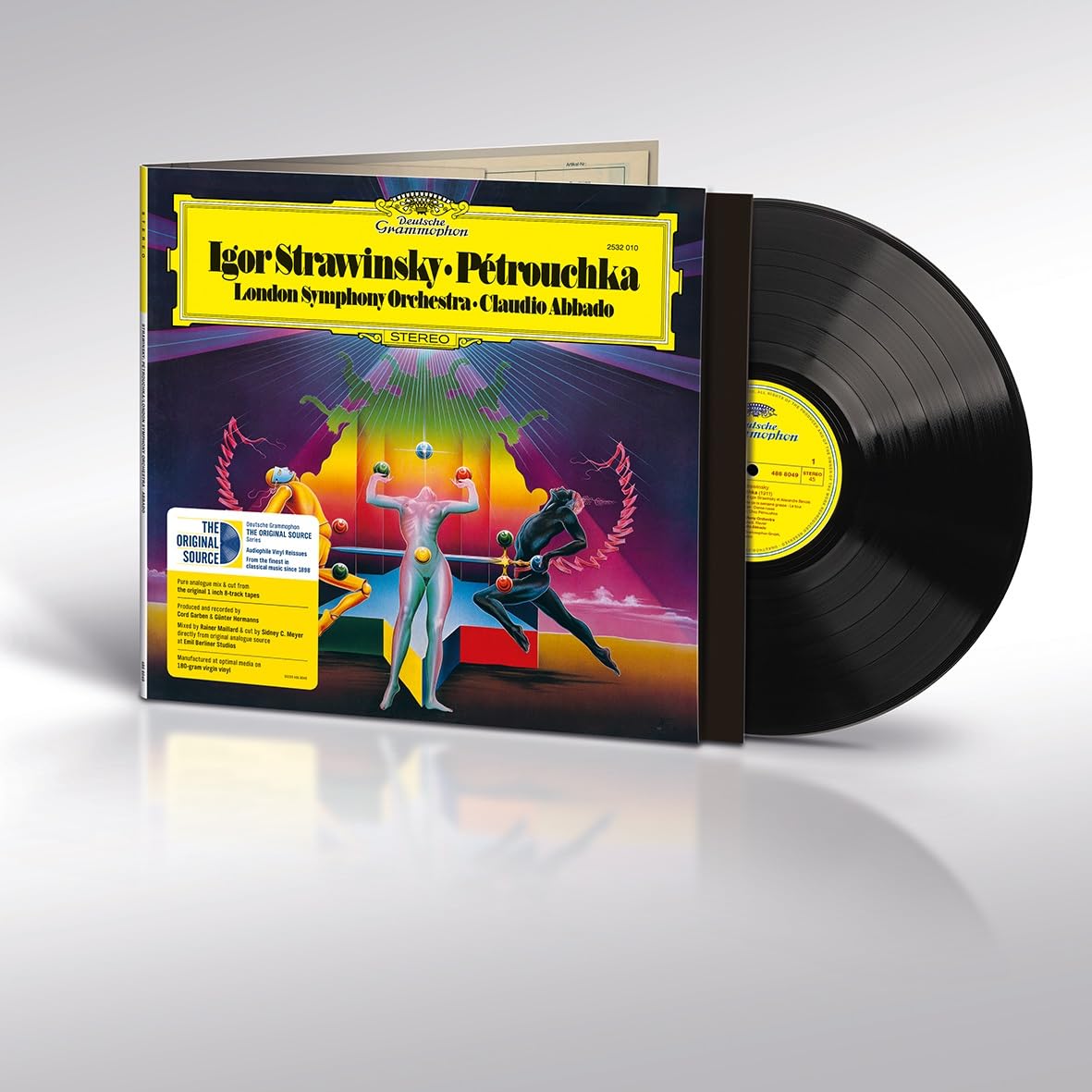 Vinyl record of Stravinsky’s *Petrushka* with colorful cover art.