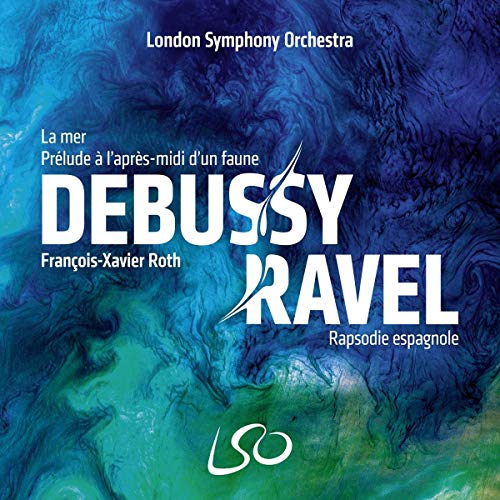 CD cover with blue abstract water background featuring text Debussy, Ravel, and LSO logo.