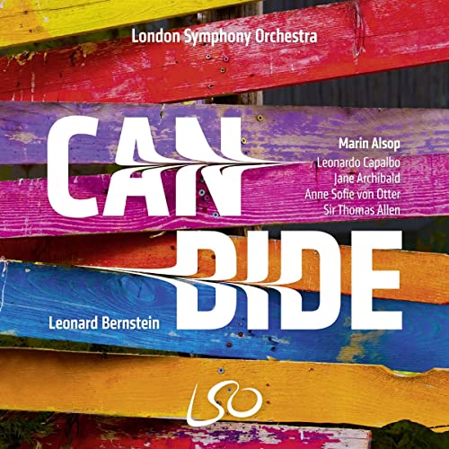 CD cover for Leonard Bernstein’s “Candide” with colorful wooden slats.