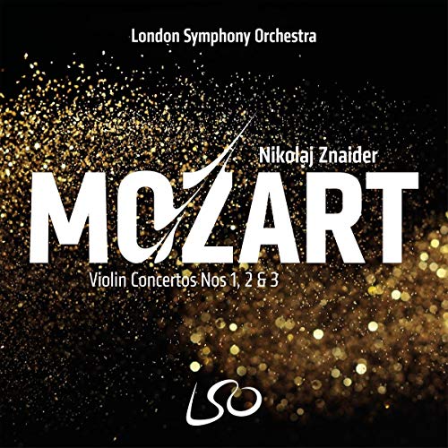 CD cover for Mozart violin concertos with gold glitter effect.