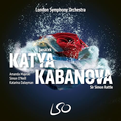 CD cover for Janáček’s “Katya Kabanova” with swirling water and a red flower.