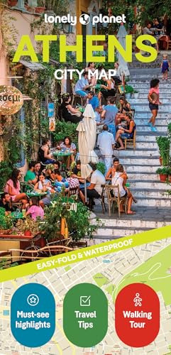 Lonely Planet Athens city map cover featuring people dining on stairs and a map.
