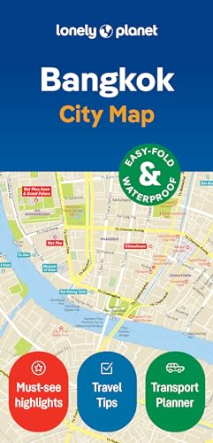 Bangkok city map on blue and beige background with travel information and icons.