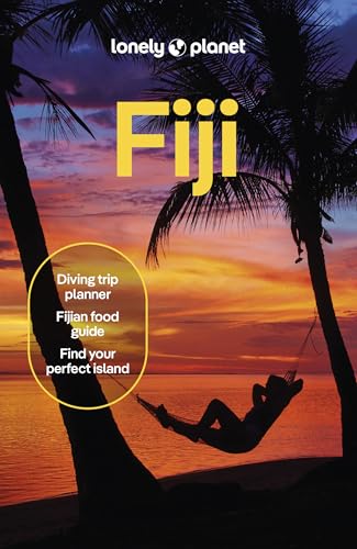 Lonely Planet Fiji guidebook cover showing a person in a hammock at sunset.
