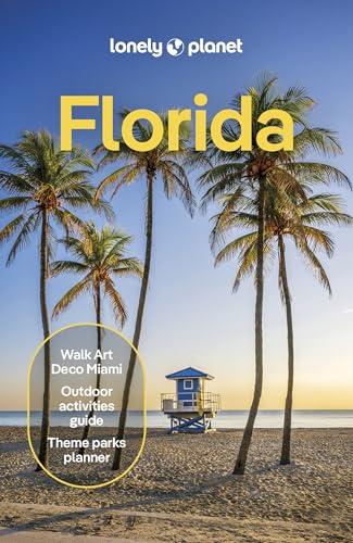 Lonely Planet Florida travel guide cover showing palm trees on a beach with lifeguard tower.