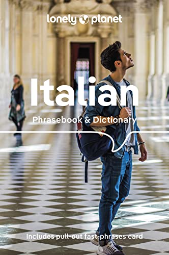 Lonely Planet Italian phrasebook and dictionary cover featuring a man in a tiled hallway.
