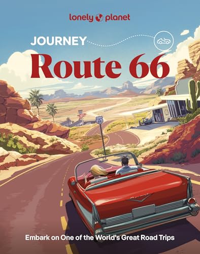 A red convertible drives along a desert road under the title Journey Route 66.