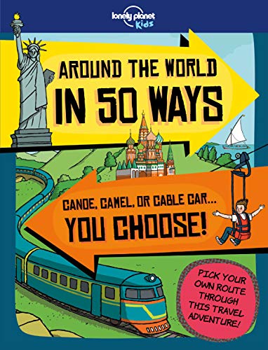 Book cover with illustrated landmarks and travel modes, “Around the World in 50 Ways.”