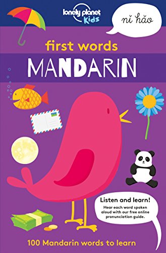 Colorful children’s book cover, “First Words Mandarin” with illustrated animals.