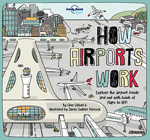 Children's book cover with colorful illustrations of airplanes, a control tower, and airport terminals.