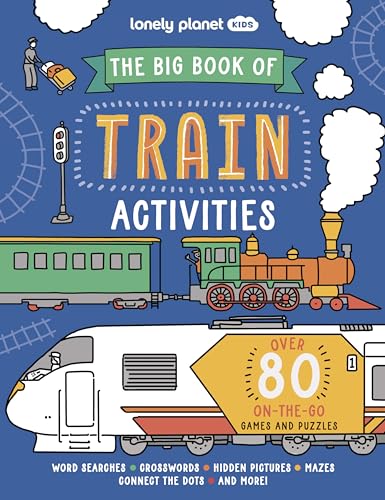 Book cover with colorful illustrations of trains and activity descriptions.