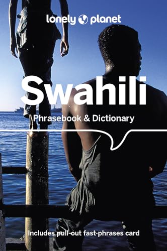 Lonely Planet Swahili phrasebook and dictionary cover featuring two people silhouetted against blue water.
