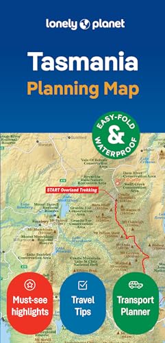 Foldable map of Tasmania with roads, cities, and hiking trails shown.