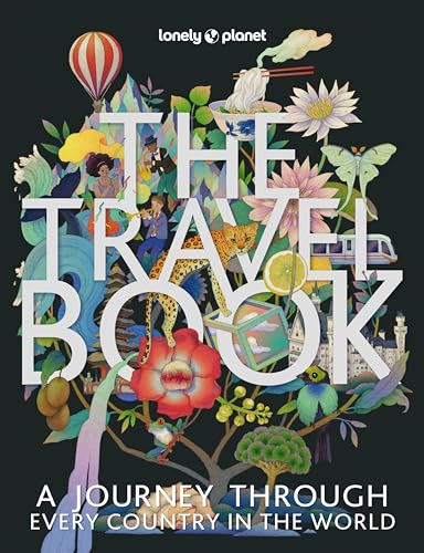 Book cover with white text overlaying a dark background filled with colorful travel illustrations.