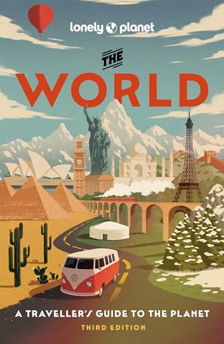 Book cover illustration showing a red van driving past global landmarks and mountains.