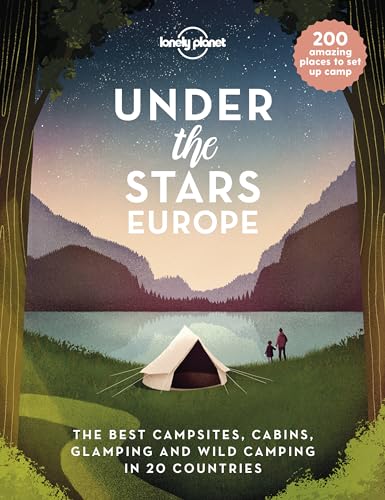 Book cover illustration of a tent by a lake with mountains under a starry sky.