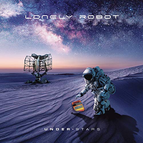 Robot in spacesuit kneels in a desert under a starry sky.