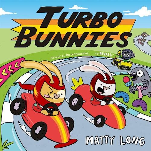 Two cartoon bunnies race red cars on a blue racetrack.