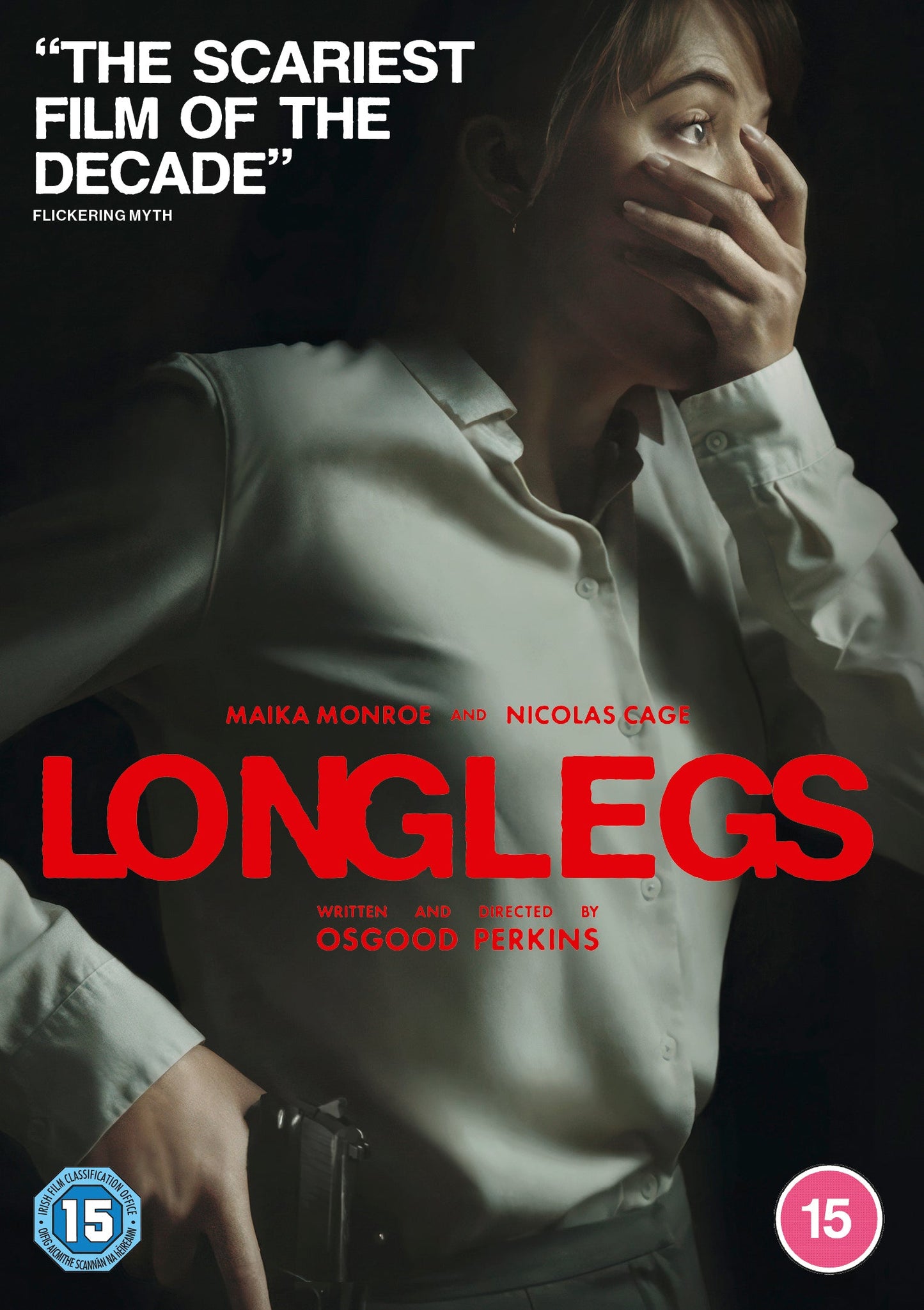 DVD cover for horror film “Longlegs” starring Maika Monroe and Nicolas Cage.