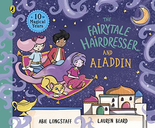 Characters ride a magic carpet over a palace on this illustrated children's book cover.