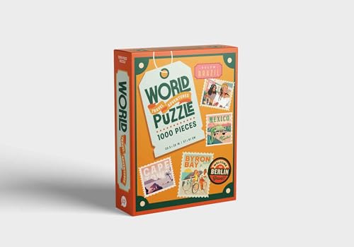 Orange puzzle box with travel-themed postcard images of world locations.