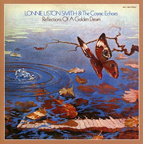 Album cover art featuring a butterfly hovering over water with fallen leaves.