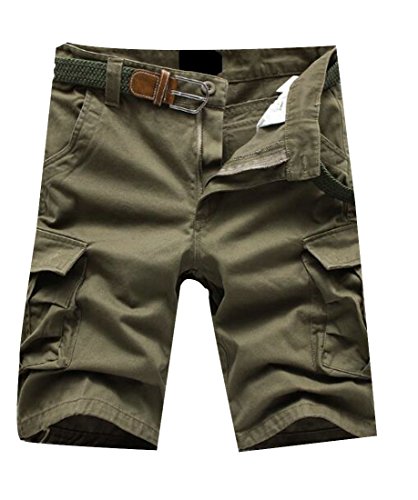Olive green cargo shorts with multiple pockets, laid flat.
