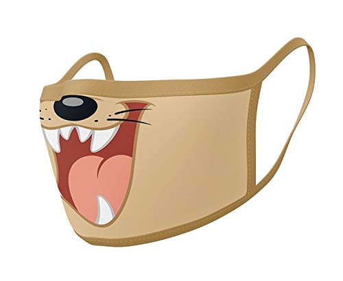 Tan face covering with cartoon Tasmanian Devil’s open-mouthed face.