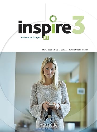 Textbook cover titled Inspire 3 featuring a smiling young woman holding a smartphone.