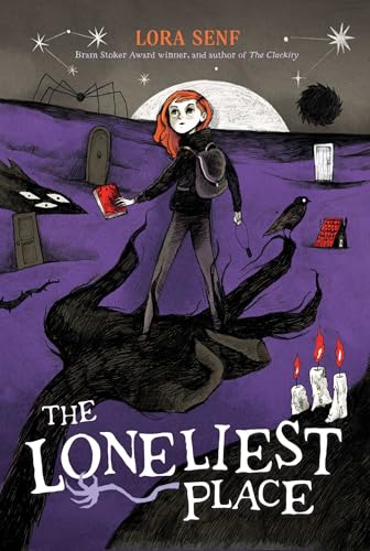 A girl with red hair stands on a giant hand in a purple landscape.