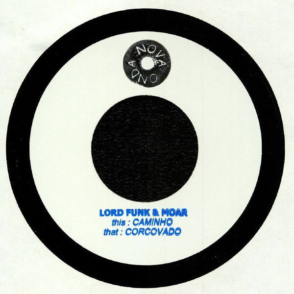 Black and white vinyl record label with blue text: "Lord Funk & Moar".